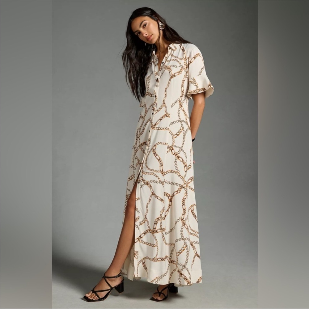 Anthropologie Maeve Short Sleeve Printed Gold Chain Shirt Maxi Dress